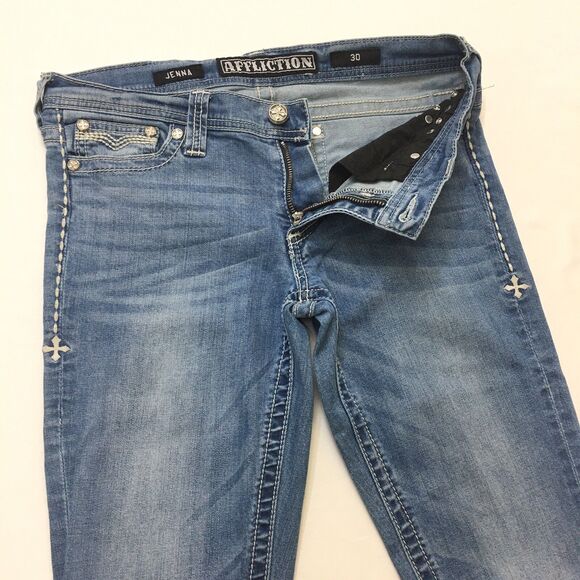 AFFLICTION Jenna Jeans Women 32x32 (30 tag) Gothic Studs Stretch Denim Crystal - Picture 4 of 16